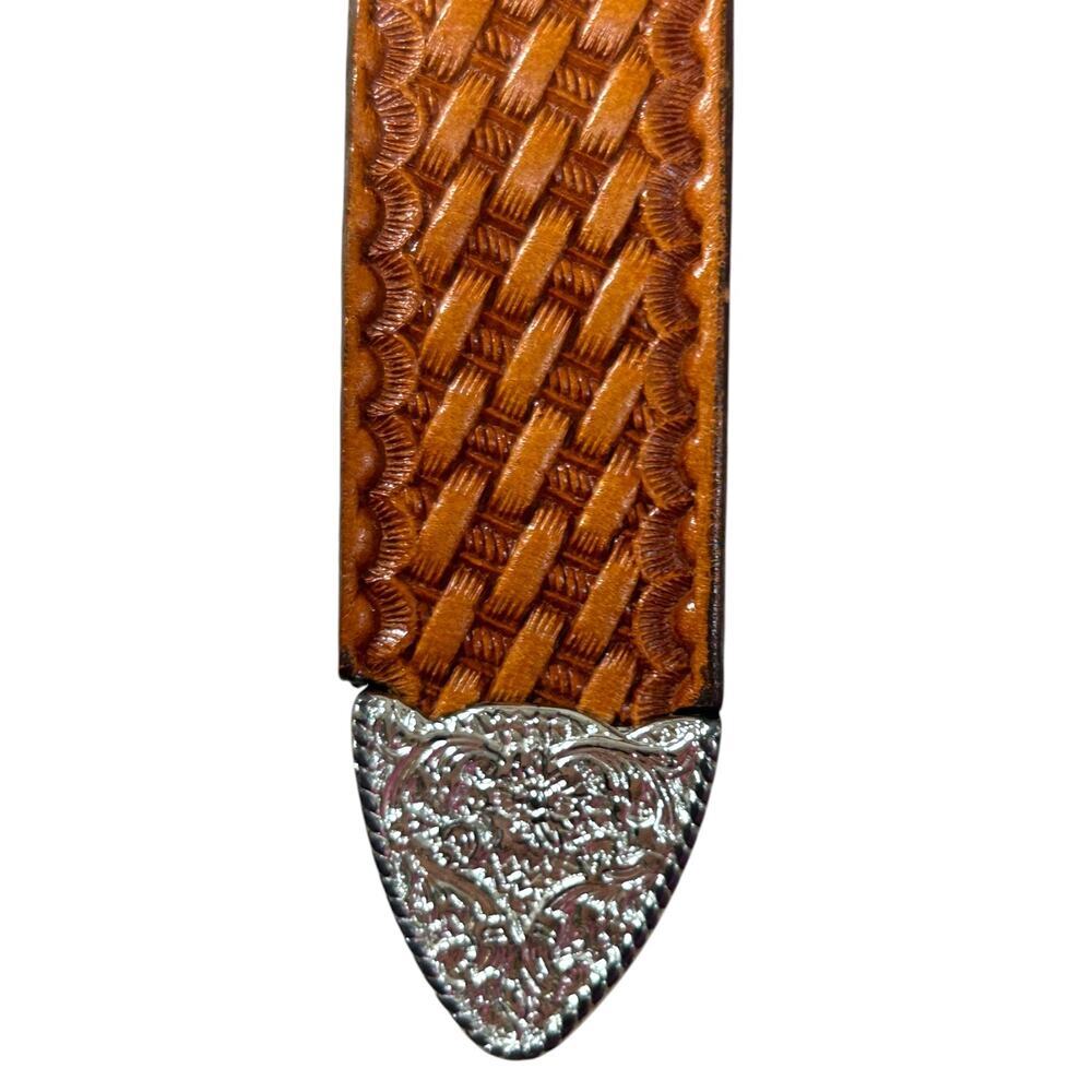 Nocona Men's Western Statement Leather Belt, Tooled Basketweave Brown, Size 30 - Picture 7 of 10